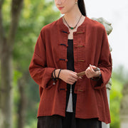 Buddha Stones Solid Color Frog-button Long Sleeve Ramie Linen Women's Shirt