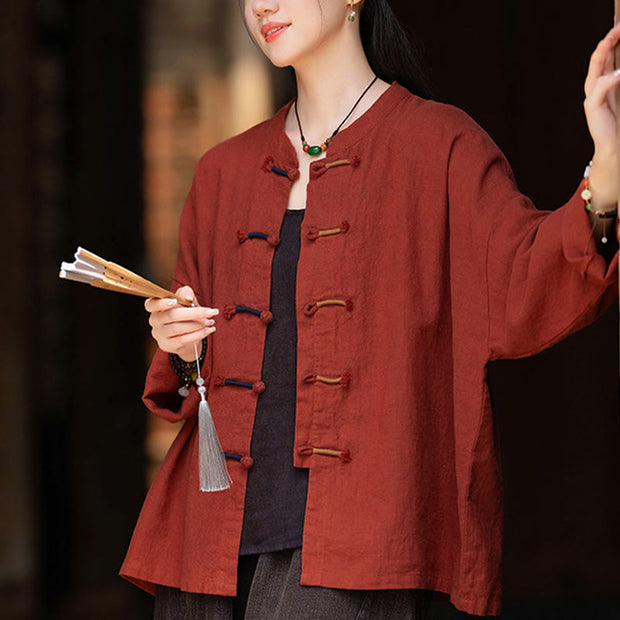 Buddha Stones Solid Color Two-color Frog-button Long Sleeve Ramie Linen Women's Shirt Women's Shirts BS 27