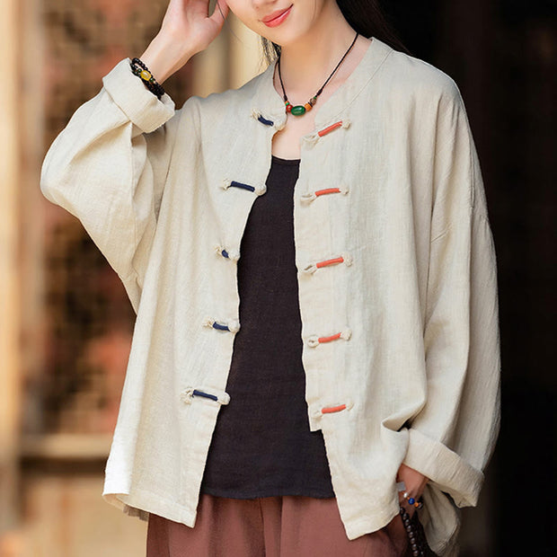 Buddha Stones Solid Color Two-color Frog-button Long Sleeve Ramie Linen Women's Shirt Women's Shirts BS 7