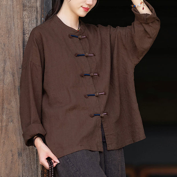 Buddha Stones Solid Color Two-color Frog-button Long Sleeve Ramie Linen Women's Shirt Women's Shirts BS 12