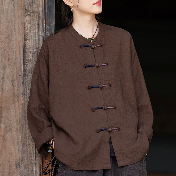 Buddha Stones Solid Color Two-color Frog-button Long Sleeve Ramie Linen Women's Shirt Women's Shirts BS 13