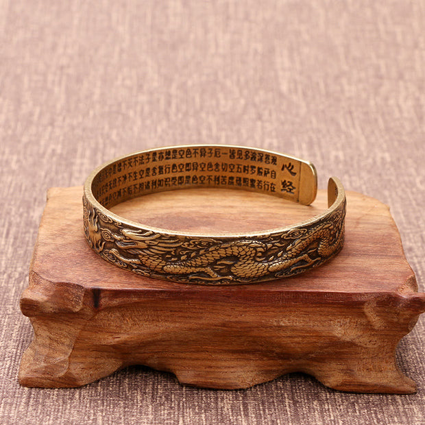 Buddha Stones Dragon And Phoenix Playing With A Pearl Heart Sutra Carved Copper Luck Bracelet Bangle