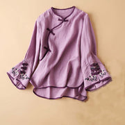 Buddha Stones Retro Flower Embroidery Design Long Sleeve Cotton Linen Women's Shirt Women's Shirts BS Violet US14，UK/AU18，EU46 (4XL)