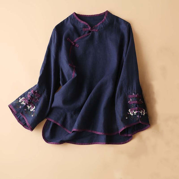 Buddha Stones Retro Flower Embroidery Design Long Sleeve Cotton Linen Women's Shirt Women's Shirts BS DarkSlateBlue US14，UK/AU18，EU46 (4XL)