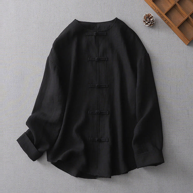 Buddha Stones Solid Color Button Long Sleeve Cotton Linen Women's Shirt Women's Shirts BS Black US8-10，UK/AU12-14，EU40-42 (2XL)