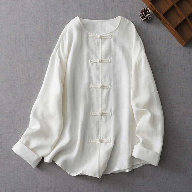 Buddha Stones Solid Color Button Long Sleeve Cotton Linen Women's Shirt Women's Shirts BS White US8-10，UK/AU12-14，EU40-42 (2XL)