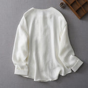 Buddha Stones Solid Color Button Long Sleeve Cotton Linen Women's Shirt Women's Shirts BS 2