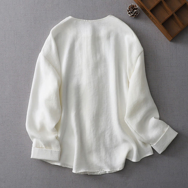 Buddha Stones Solid Color Button Long Sleeve Cotton Linen Women's Shirt