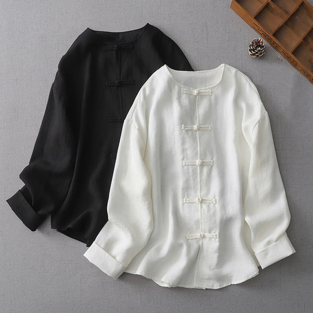 Buddha Stones Solid Color Button Long Sleeve Cotton Linen Women's Shirt Women's Shirts BS 1