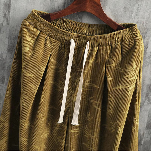 Buddha Stones Bamboo Leaves Cotton Corduroy Drawstring Men's Wide Leg Pants With Pockets