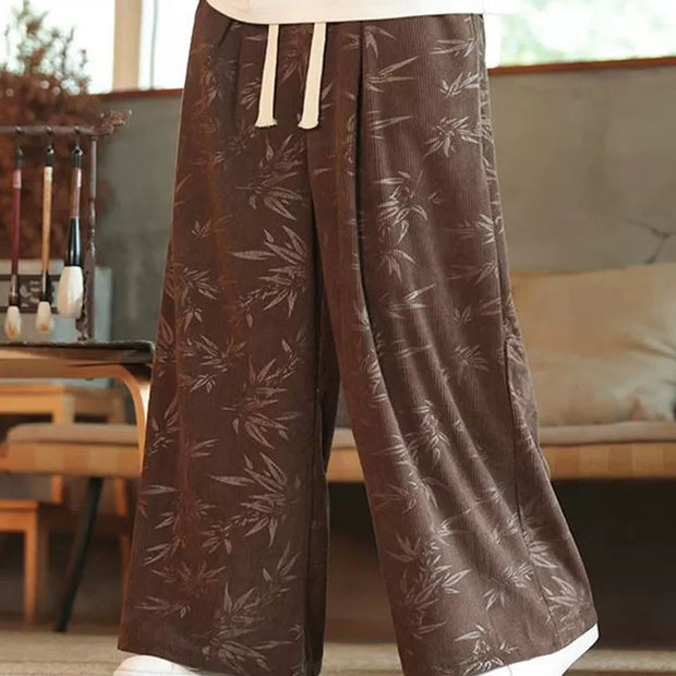 Buddha Stones Bamboo Leaves Cotton Corduroy Drawstring Men's Wide Leg Pants With Pockets