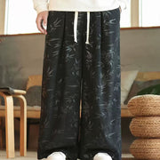 Buddha Stones Bamboo Leaves Cotton Corduroy Drawstring Men's Wide Leg Pants With Pockets