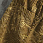 Buddha Stones Bamboo Leaves Cotton Corduroy Drawstring Men's Wide Leg Pants With Pockets