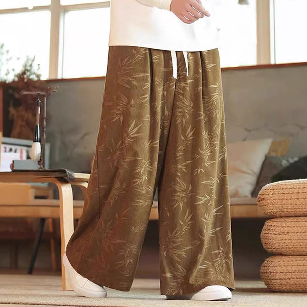 Buddha Stones Bamboo Leaves Cotton Corduroy Drawstring Men's Wide Leg Pants With Pockets