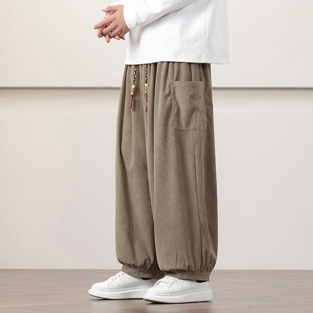 Buddha Stones Solid Color Corduroy Drawstring Men's Harem Pants With Pockets