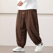 Buddha Stones Solid Color Corduroy Drawstring Men's Harem Pants With Pockets