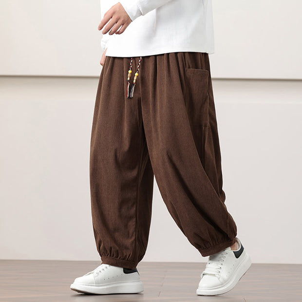 Buddha Stones Solid Color Corduroy Drawstring Men's Harem Pants With Pockets