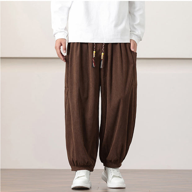 Buddha Stones Solid Color Corduroy Drawstring Men's Harem Pants With Pockets