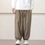 Buddha Stones Solid Color Corduroy Drawstring Men's Harem Pants With Pockets