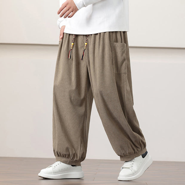 Buddha Stones Solid Color Corduroy Drawstring Men's Harem Pants With Pockets