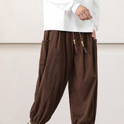 Buddha Stones Solid Color Corduroy Drawstring Men's Harem Pants With Pockets