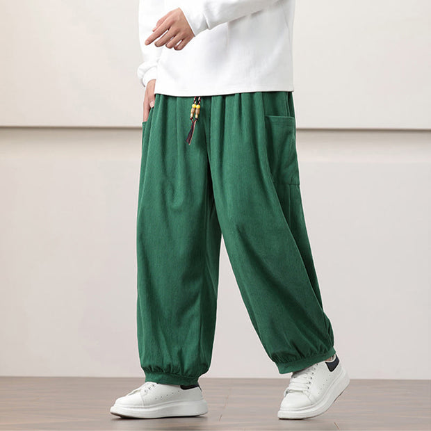 Buddha Stones Solid Color Corduroy Drawstring Men's Harem Pants With Pockets