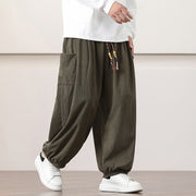 Buddha Stones Solid Color Corduroy Drawstring Men's Harem Pants With Pockets