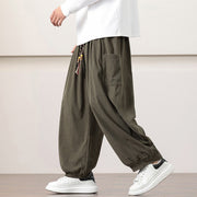 Buddha Stones Solid Color Corduroy Drawstring Men's Harem Pants With Pockets