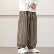 Buddha Stones Solid Color Corduroy Drawstring Men's Harem Pants With Pockets