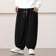 Buddha Stones Solid Color Corduroy Drawstring Men's Harem Pants With Pockets