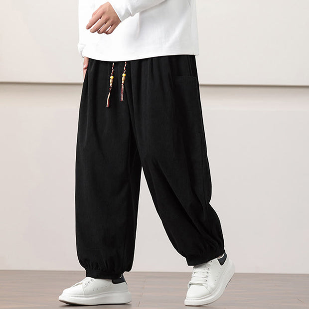 Buddha Stones Solid Color Corduroy Drawstring Men's Harem Pants With Pockets