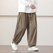 Buddha Stones Solid Color Corduroy Drawstring Men's Harem Pants With Pockets