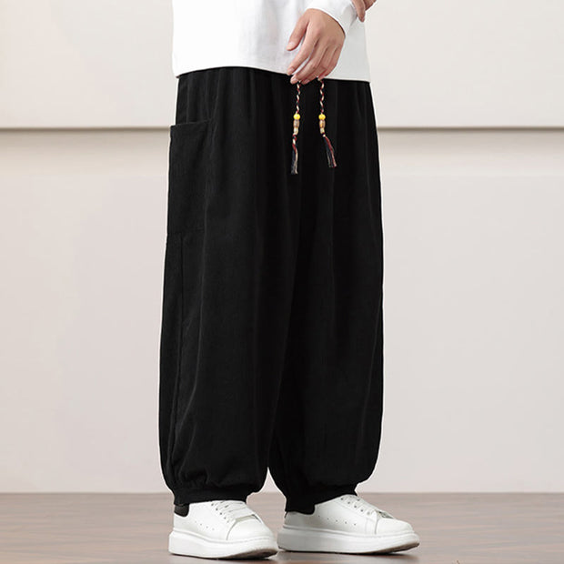 Buddha Stones Solid Color Corduroy Drawstring Men's Harem Pants With Pockets