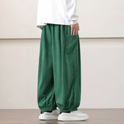 Buddha Stones Solid Color Corduroy Drawstring Men's Harem Pants With Pockets