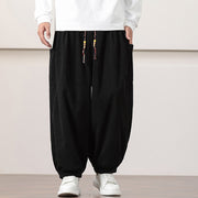 Buddha Stones Solid Color Corduroy Drawstring Men's Harem Pants With Pockets