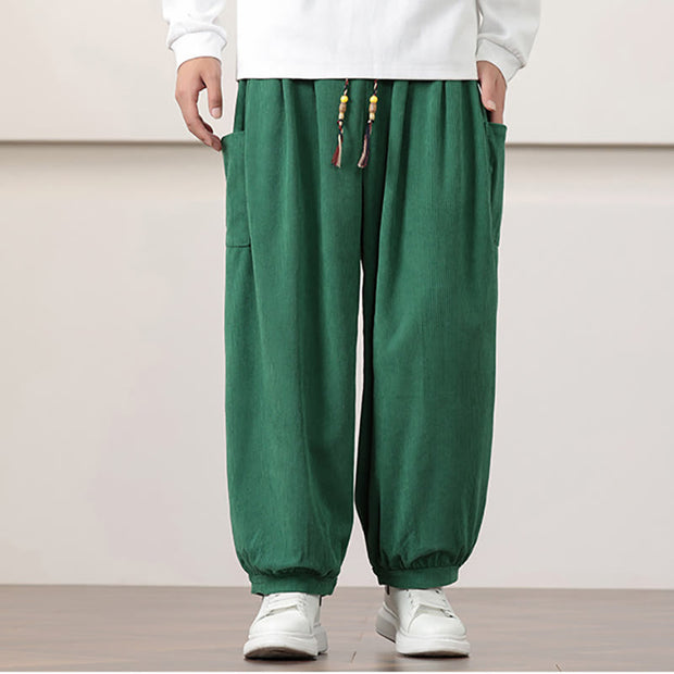 Buddha Stones Solid Color Corduroy Drawstring Men's Harem Pants With Pockets