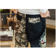 Buddha Stones Dragon Pattern Two-tone Men's Pants With Pockets