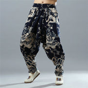 Buddha Stones Chinese Dragon Printed Elastic Waist Ethnic Cotton Linen Men's Pants With Pockets