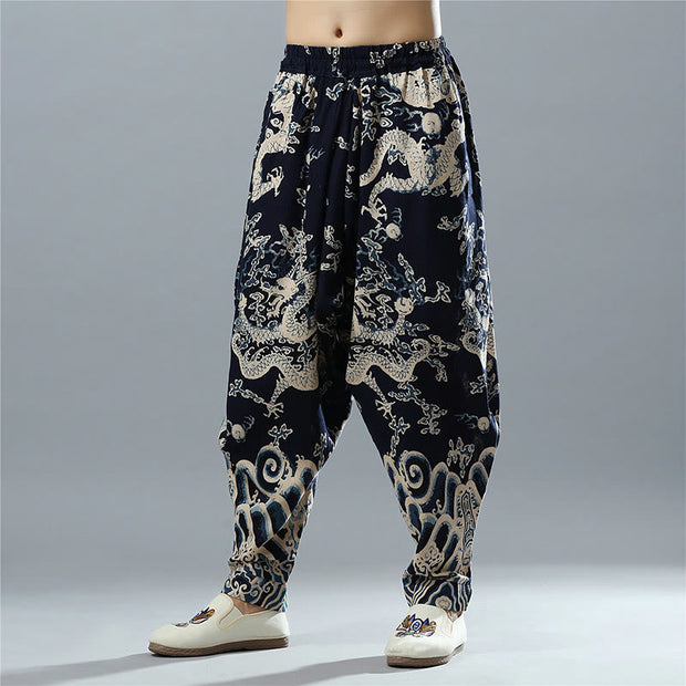 Buddha Stones Embroidery  Dragon Elastic Waist Ethnic Cotton Linen Men's Pants With Pockets