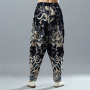 Buddha Stones Embroidery  Dragon Elastic Waist Ethnic Cotton Linen Men's Pants With Pockets