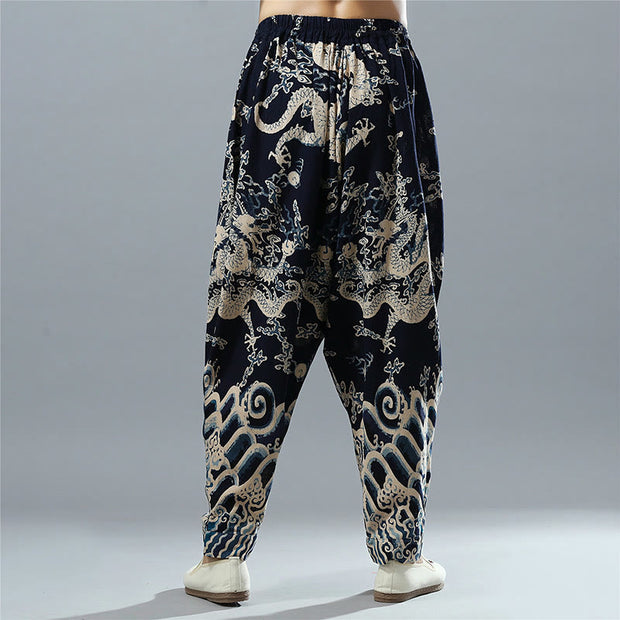 Buddha Stones Chinese Dragon Printed Elastic Waist Ethnic Cotton Linen Men's Pants With Pockets