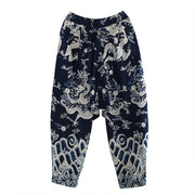 Buddha Stones Embroidery  Dragon Elastic Waist Ethnic Cotton Linen Men's Pants With Pockets