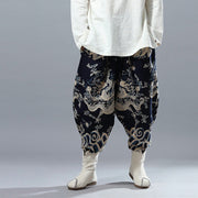 Buddha Stones Embroidery  Dragon Elastic Waist Ethnic Cotton Linen Men's Pants With Pockets