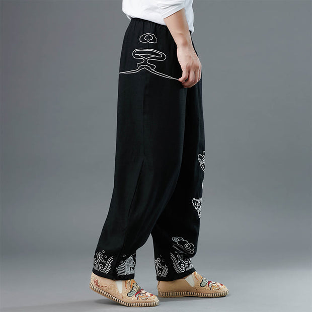 Buddha Stones Clouds Elastic Waist Ethnic Cotton Men's Pants With Pockets