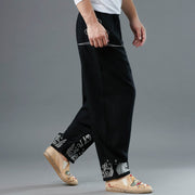 Buddha Stones Clouds Elastic Waist Ethnic Cotton Men's Pants With Pockets