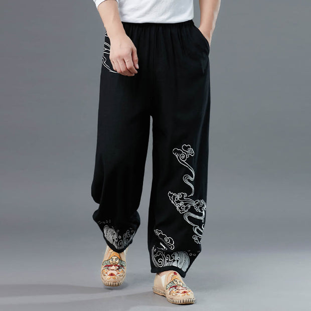 Buddha Stones Clouds Elastic Waist Ethnic Cotton Men's Pants With Pockets