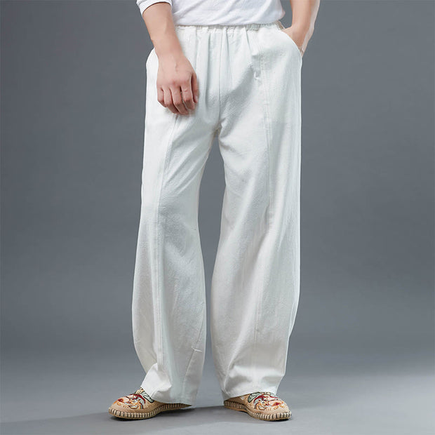 Buddha Stones Casual Solid Color Cotton Linen Men's Pants With Pockets Men's Pants BS White US/UK/AU40，EU50 (2XL)