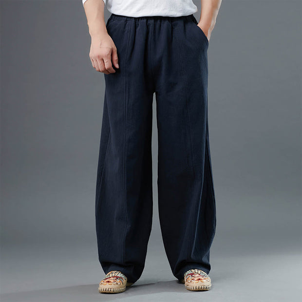 Buddha Stones Casual Solid Color Cotton Linen Men's Pants With Pockets Men's Pants BS DarkBlue US/UK/AU40，EU50 (2XL)