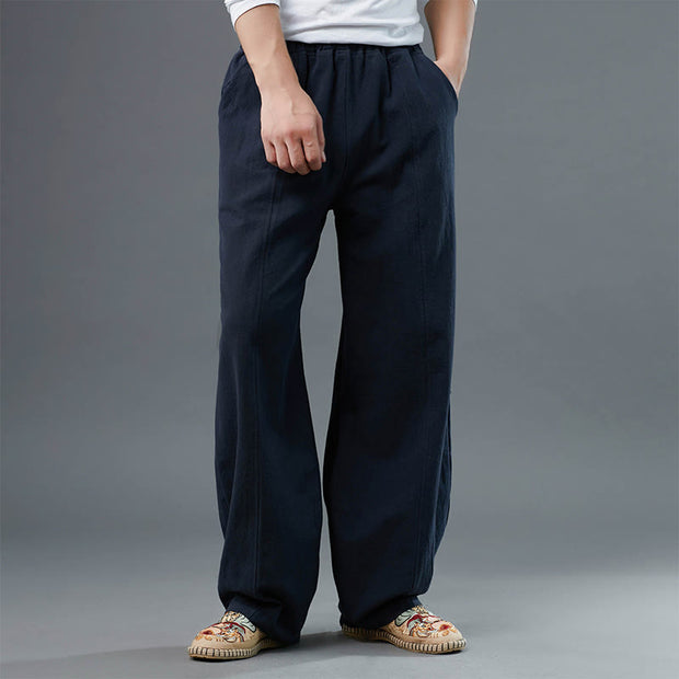 Buddha Stones Casual Solid Color Cotton Linen Men's Pants With Pockets Men's Pants BS 3