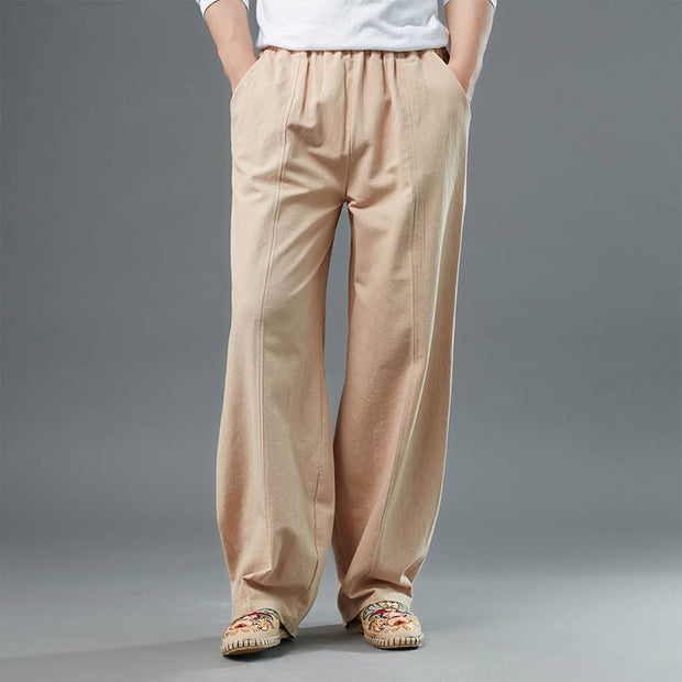 Buddha Stones Casual Solid Color Cotton Linen Men's Pants With Pockets